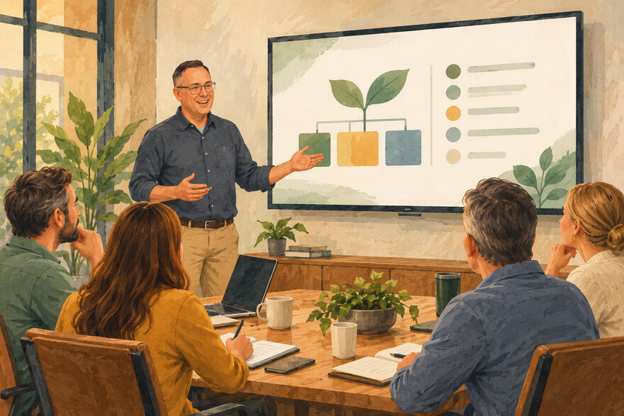 Illustration of Travis presenting a Bloom-style coaching slide to a small leadership team gathered around a conference table.