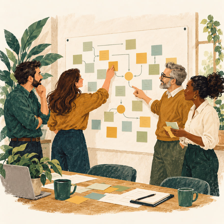 Illustration: a team, including a gray-haired owner, mapping out a plan together on a sticky-note board