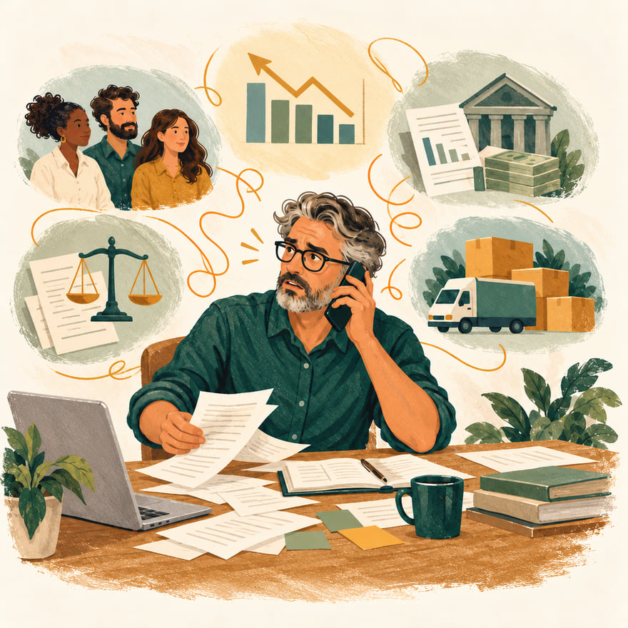 Illustration: a business owner at a cluttered desk, on the phone, surrounded by the people, numbers, banking, legal and shipping concerns competing for attention