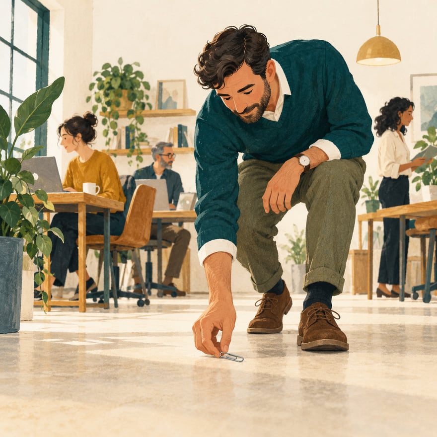Illustration: a man in a bright, open office bending down to pick up a paper clip from the floor while colleagues work behind him