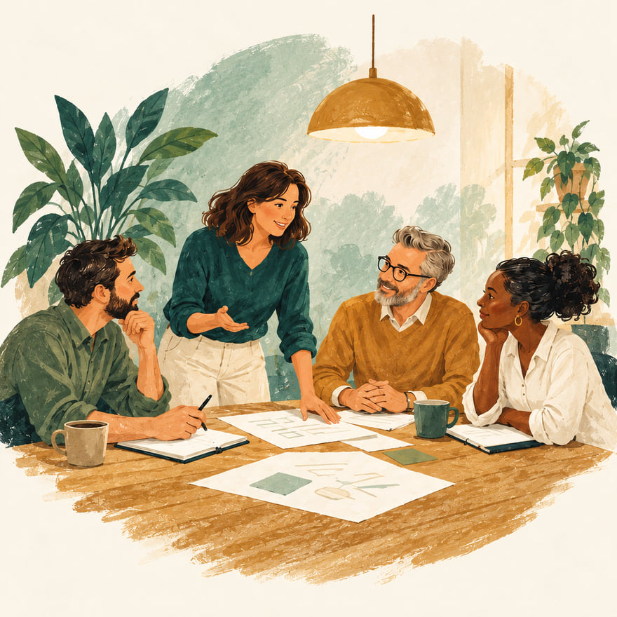 Illustration: a woman standing and leading a discussion over plans on a table, while a gray-haired owner and two colleagues listen and contribute