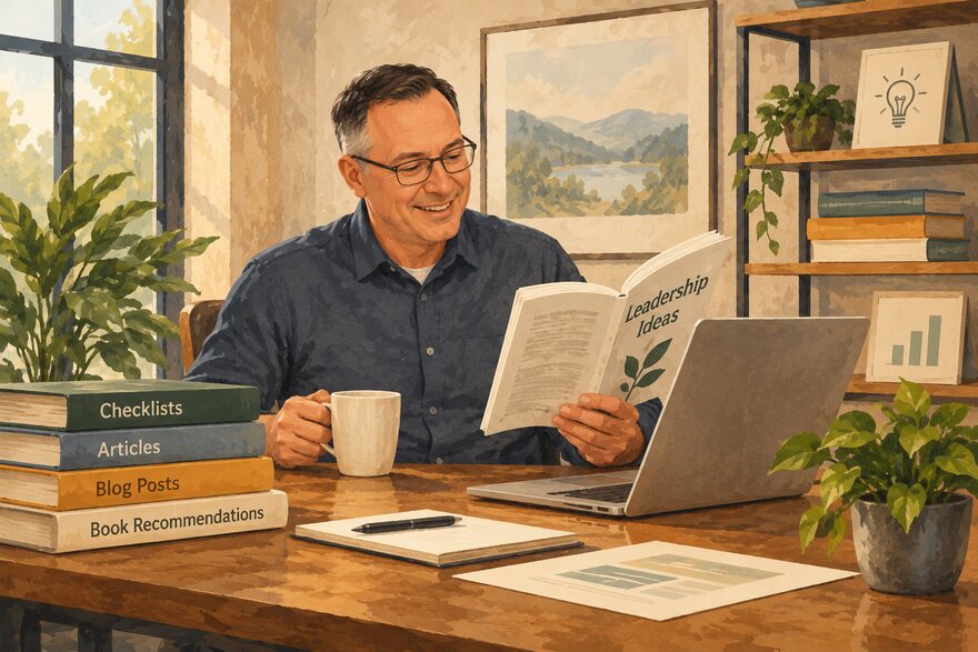 Illustration: a smiling man in glasses sits at a wooden desk with a coffee mug, reading a book titled “Leadership Ideas” beside an open laptop, a notebook and potted plants. Next to him is a stack of books labelled Checklists, Articles, Blog Posts and Book Recommendations.