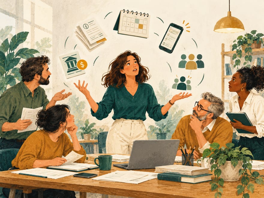 Illustration: a business owner balancing numerous responsibilities and decisions - finances, paperwork, the calendar, phone calls and her team - while her colleagues look to her for answers
